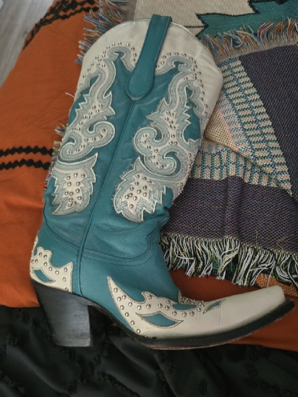 Women’s Teal and Cream Western Heeled Boots - Picture 10 of 10